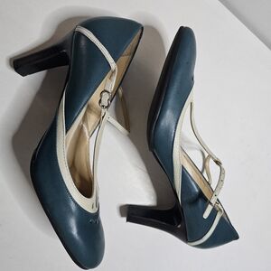 LOFT Women's Teal and Beige T-Strap Flats